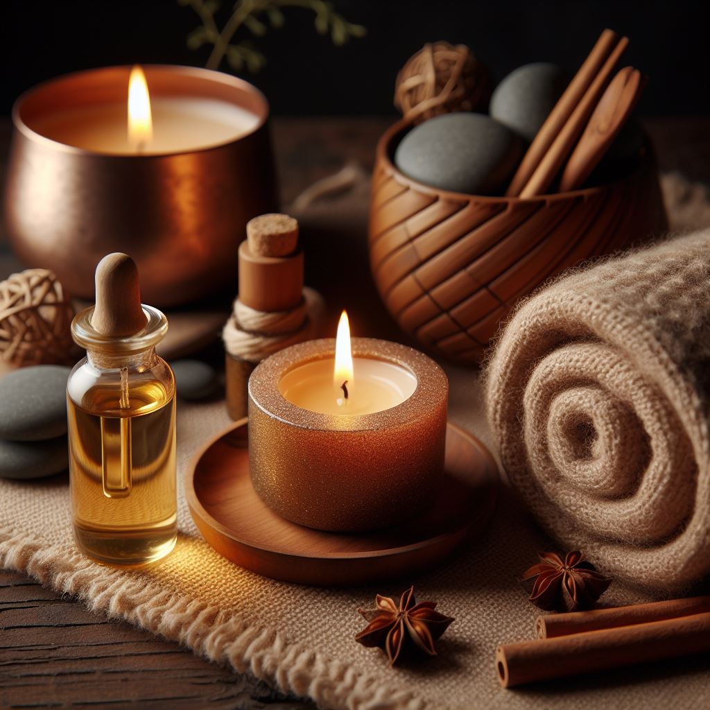 Illustration du massage californien, image cosy présentant des bougies, de l'huile et des serviettes.